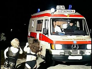 Horny midget sluts swell up guy's gadgetry in an ambulance